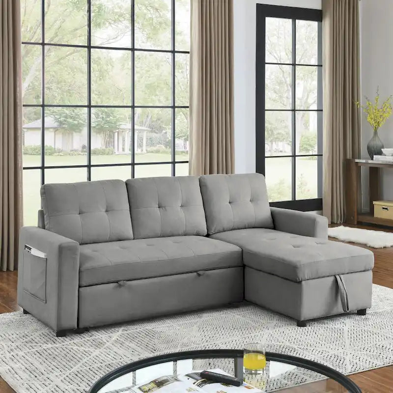 Canapé-lit sectionnel réversible beige de 78,5 pouces avec chaise longue de rangement et pochette latérale - 78,5 larg. x 49 prof. x 31 haut.