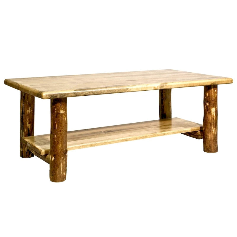 Table basse en pin massif rustique avec étagère – Teintée et laquée