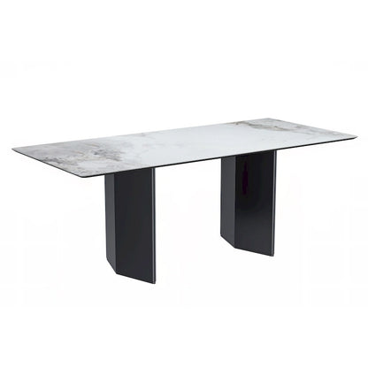 Table à manger rectangulaire Lior avec plateau en verre/pierre frittée et piétement en acier