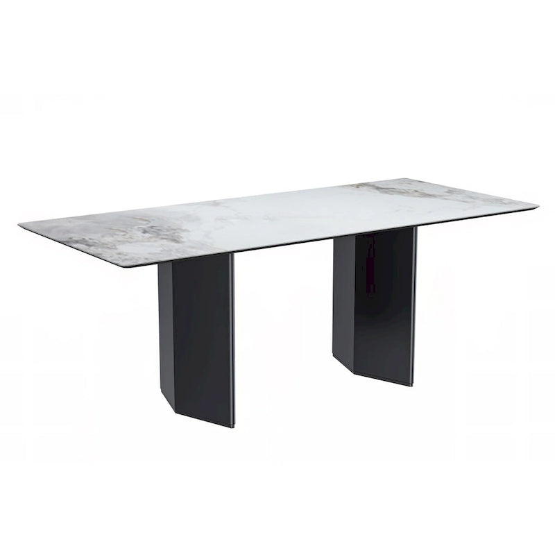 Table à manger rectangulaire Lior avec plateau en verre/pierre frittée et piétement en acier