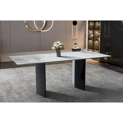 Table à manger rectangulaire Lior avec plateau en verre/pierre frittée et piétement en acier