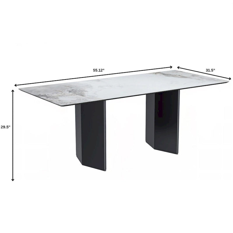 Table à manger rectangulaire Lior avec plateau en verre/pierre frittée et piétement en acier