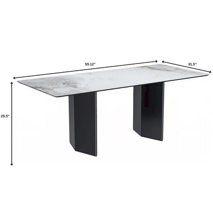 Table à manger rectangulaire Lior avec plateau en verre/pierre frittée et piétement en acier