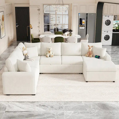 Canapé d'angle en chenille convertible, canapé-lit en forme de L avec pouf de rangement, 3 oreillers et dispositifs de charge