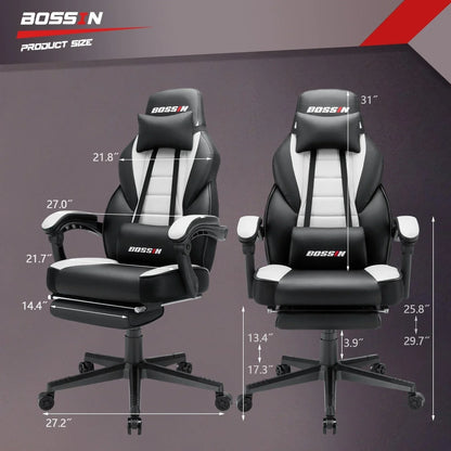Chaise de jeu style course BOSSIN, fauteuil gamer grande taille 300 lb, chaise d'ordinateur à dossier haut