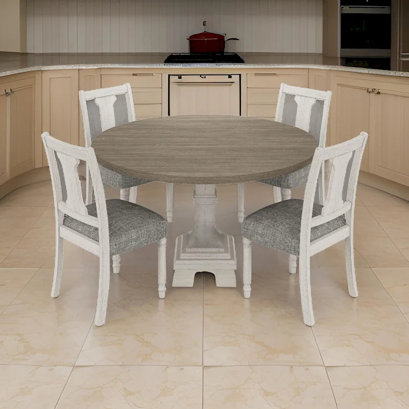 Ensemble table et chaises de salle à manger 5 pièces Sane, Fiddleback, plateau rond, gris, blanc