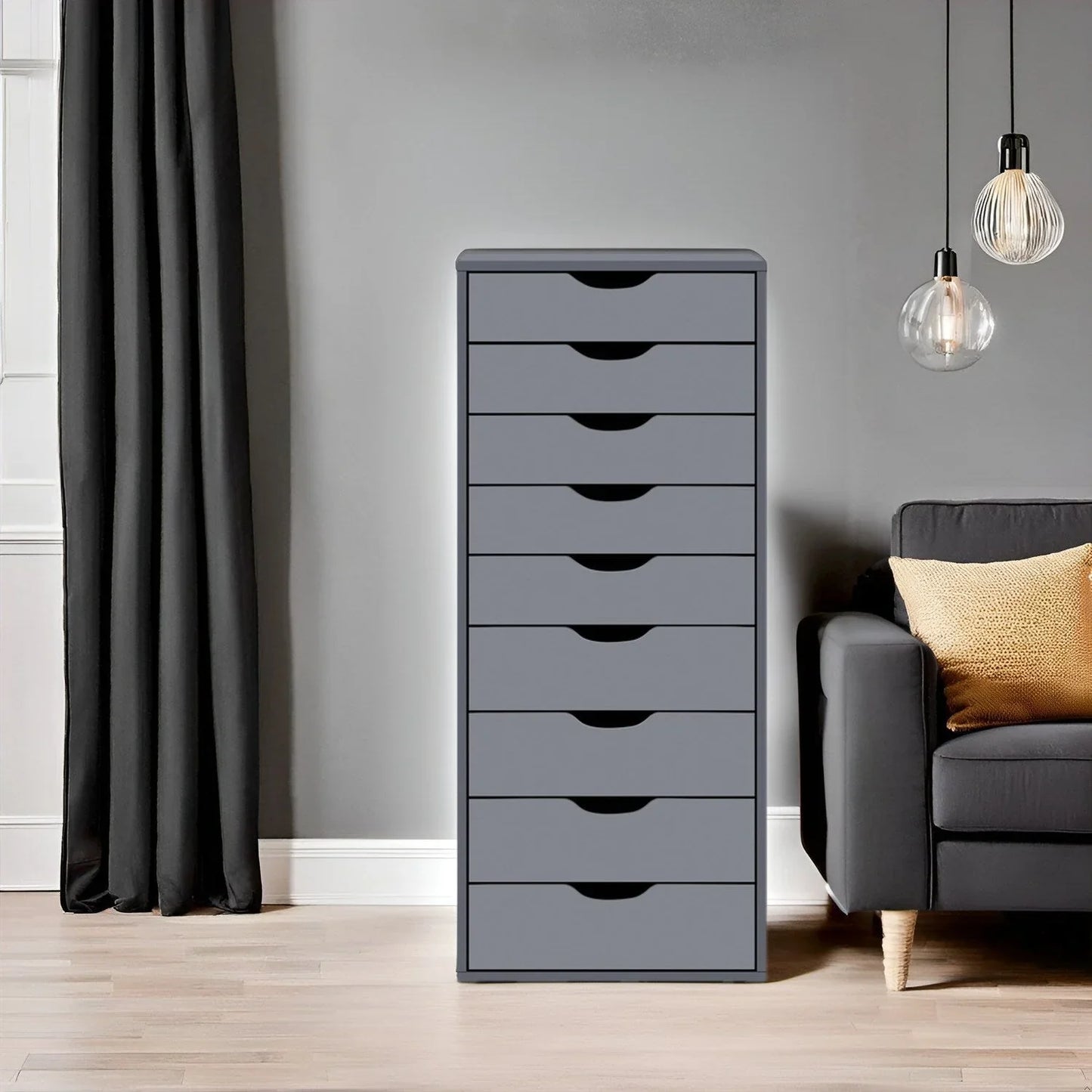 Étroite commode en bois à 9 tiroirs coulissants et étagère de rangement supérieure