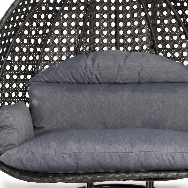 Fauteuil suspendu en forme d'œuf avec support métallique, cadre en osier et coussin – Beige / Bleu anthracite / Blanc / Bleu / Blanc antique / Marron / Toile, 2 places