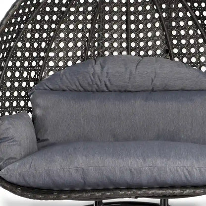 Fauteuil suspendu en forme d'œuf avec support métallique, cadre en osier et coussin – Beige / Bleu anthracite / Blanc / Bleu / Blanc antique / Marron / Toile, 2 places