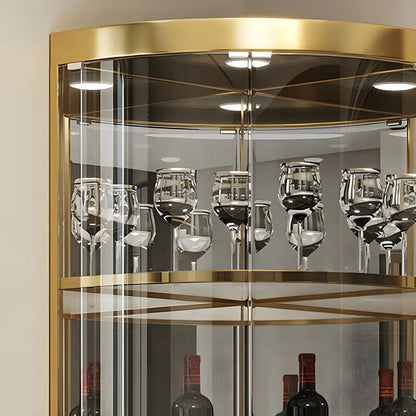 Vitrine d'angle arrondie en métal doré, verre et finition brillante Glam