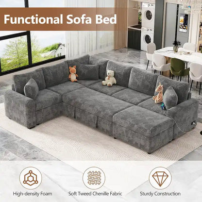 Canapé d'angle en chenille convertible, canapé-lit en forme de L avec pouf de rangement, 3 oreillers et dispositifs de charge