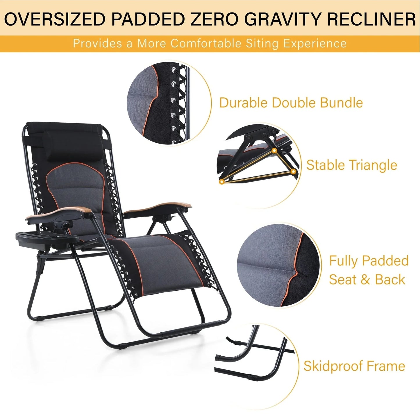 Fauteuil de relaxation zéro gravité XL surdimensionné rembourré avec accoudoirs plus larges et porte-gobelet réglable - N/A