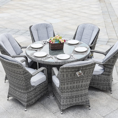 Ensemble de salle à manger rond 7 pièces en rotin tressé d'extérieur avec coussins par Moda Furnishings