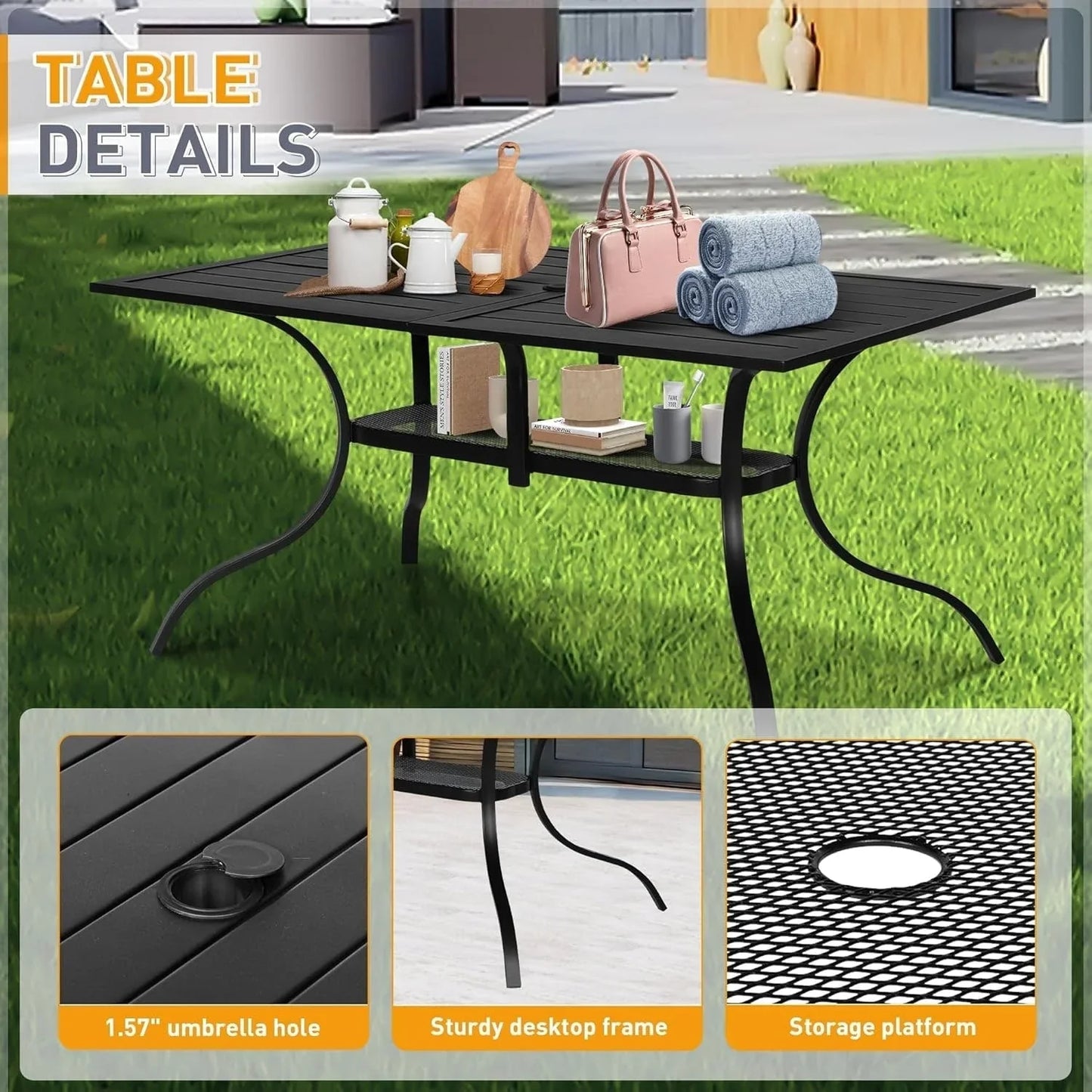 SUNCROWN Salon de jardin 5/7 pièces en acier avec table à lattes métalliques et chaises empilables Structure thermolaquée
