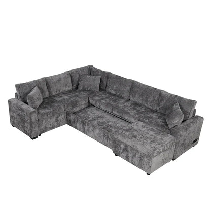 Canapé d'angle en chenille convertible, canapé-lit en forme de L avec pouf de rangement, 3 oreillers et dispositifs de charge