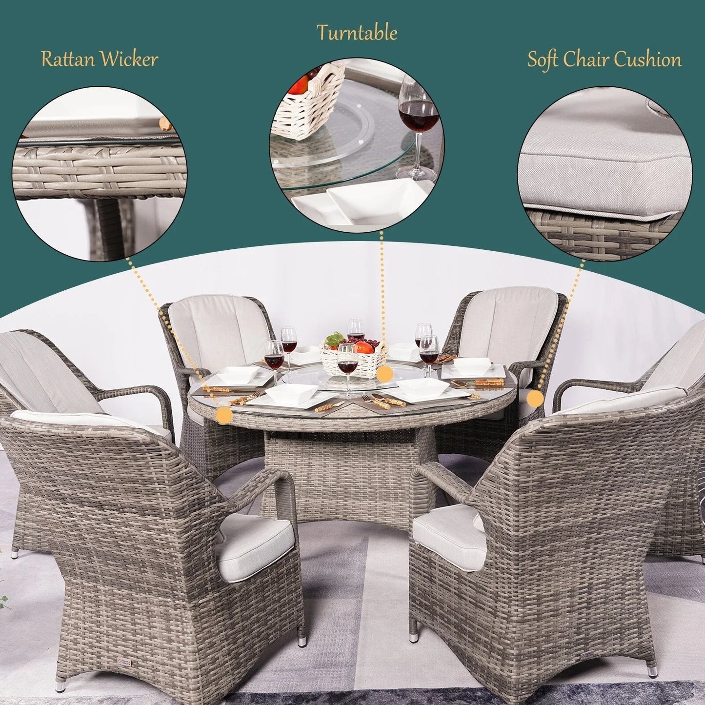 Ensemble de salle à manger rond 7 pièces en rotin tressé d'extérieur avec coussins par Moda Furnishings