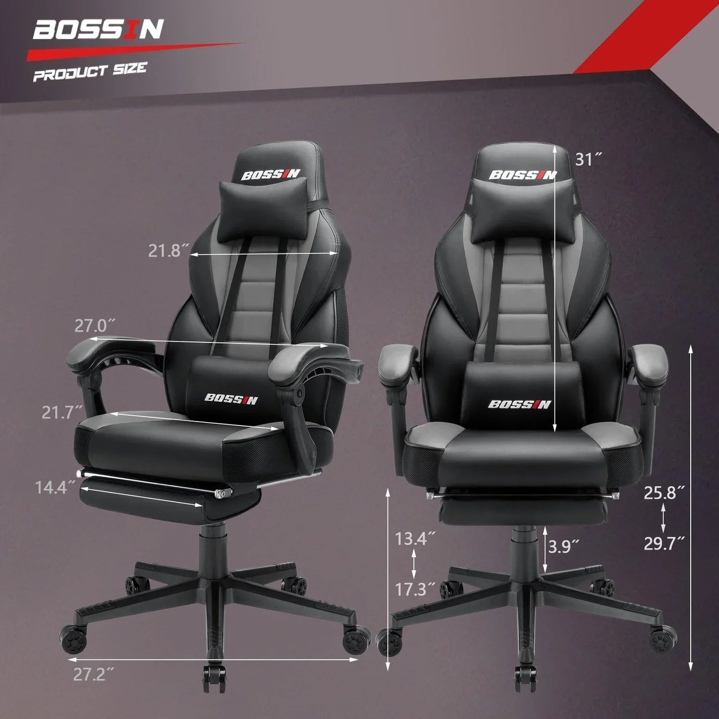 Chaise de jeu style course BOSSIN, fauteuil gamer grande taille 300 lb, chaise d'ordinateur à dossier haut