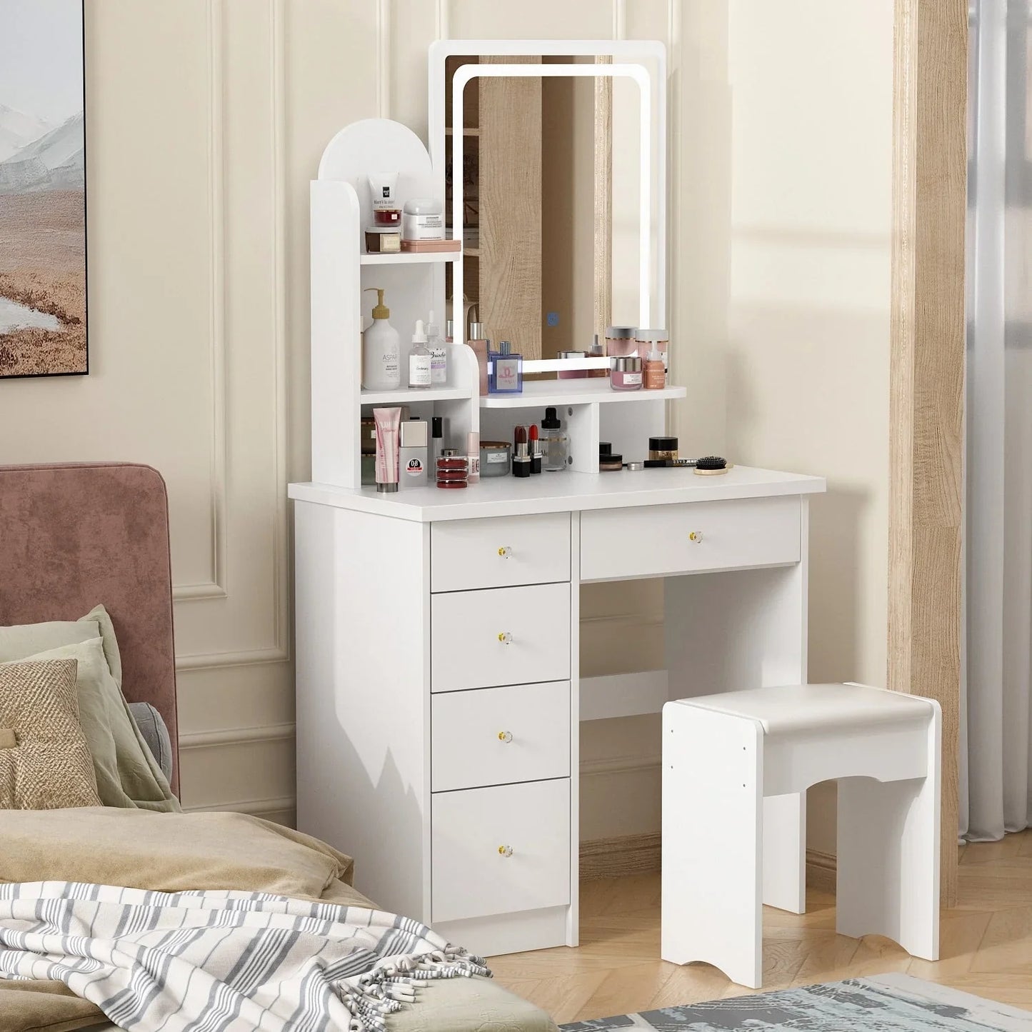 Coiffeuse avec miroir LED intégré et tabouret