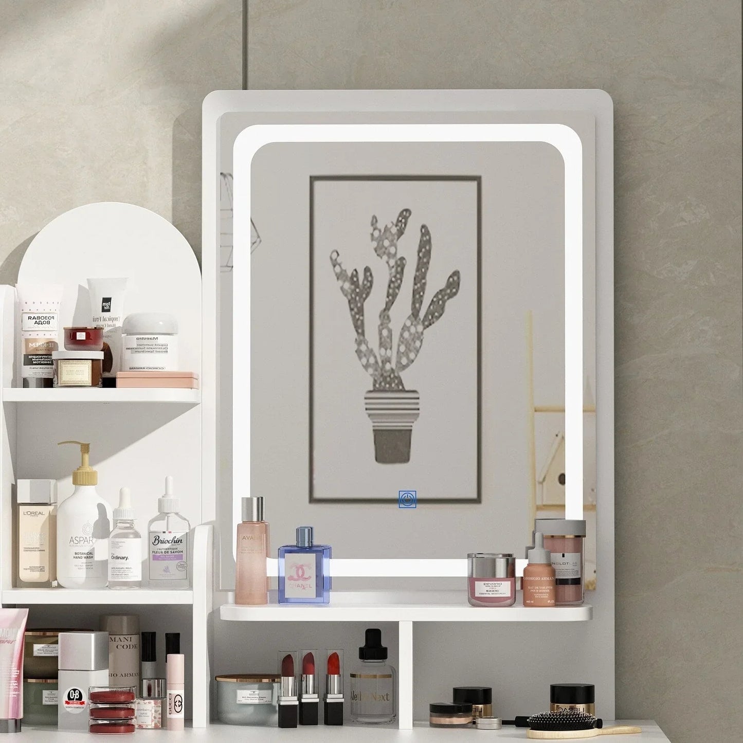 Coiffeuse avec miroir LED intégré et tabouret
