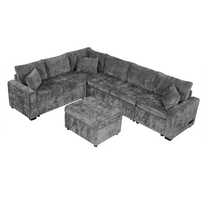 Canapé d'angle en chenille convertible, canapé-lit en forme de L avec pouf de rangement, 3 oreillers et dispositifs de charge