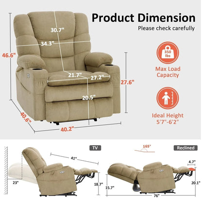 Fauteuil inclinable électrique double moteur grand et large MCombo avec massage et double chauffage pour personnes âgées de grande taille, tissu R7635
