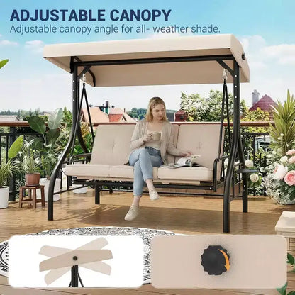 Balançoire de jardin convertible 2-en-1 à 3 places avec auvent réglable, lit de balançoire de patio avec support, coussins épais et porte-gobelets, pour jardin, cour ou porche