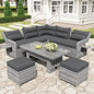 Ensemble de meubles de jardin en rotin avec table réglable, chaises longues et 2 poufs