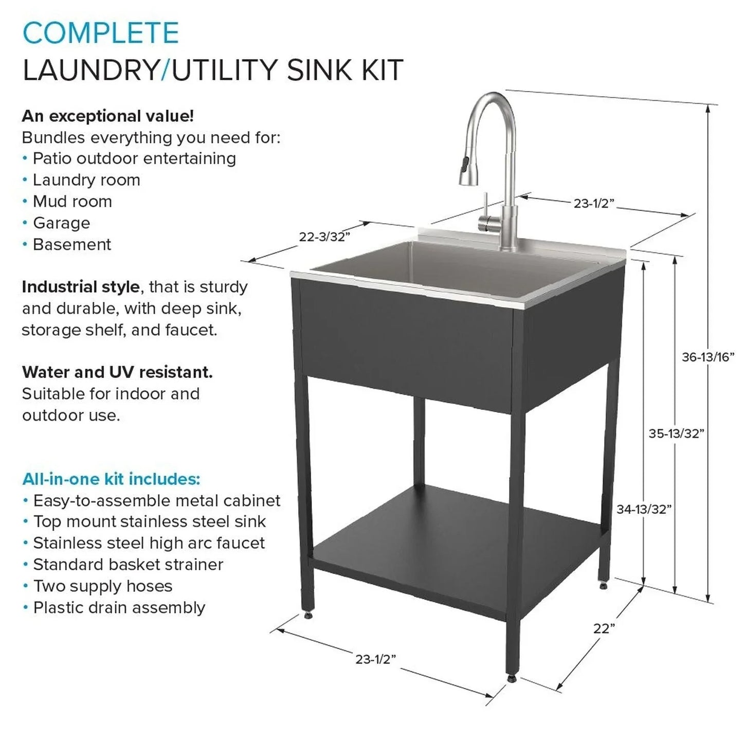 Transolid EWS-2422S Évier de buanderie et support de lavage en acier inoxydable de 24 po L x 22 po P x 35 po H - 24 po x 22 po