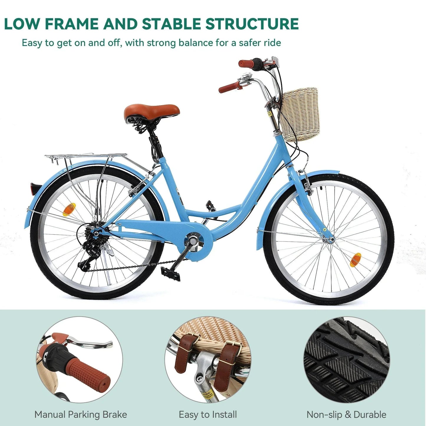 Moasis24/26 Vélo Cruiser 7 Vitesses, Vélo à Cadre Bas Ajustable, Vélo de Ville, Bicyclette