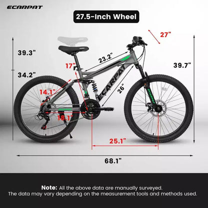 Vélo de montagne Okak 27,5 pouces avec double amortisseur avant et arrière, VTT 21 vitesses avec frein à disque mécanique, vélo adulte pour hommes et femmes