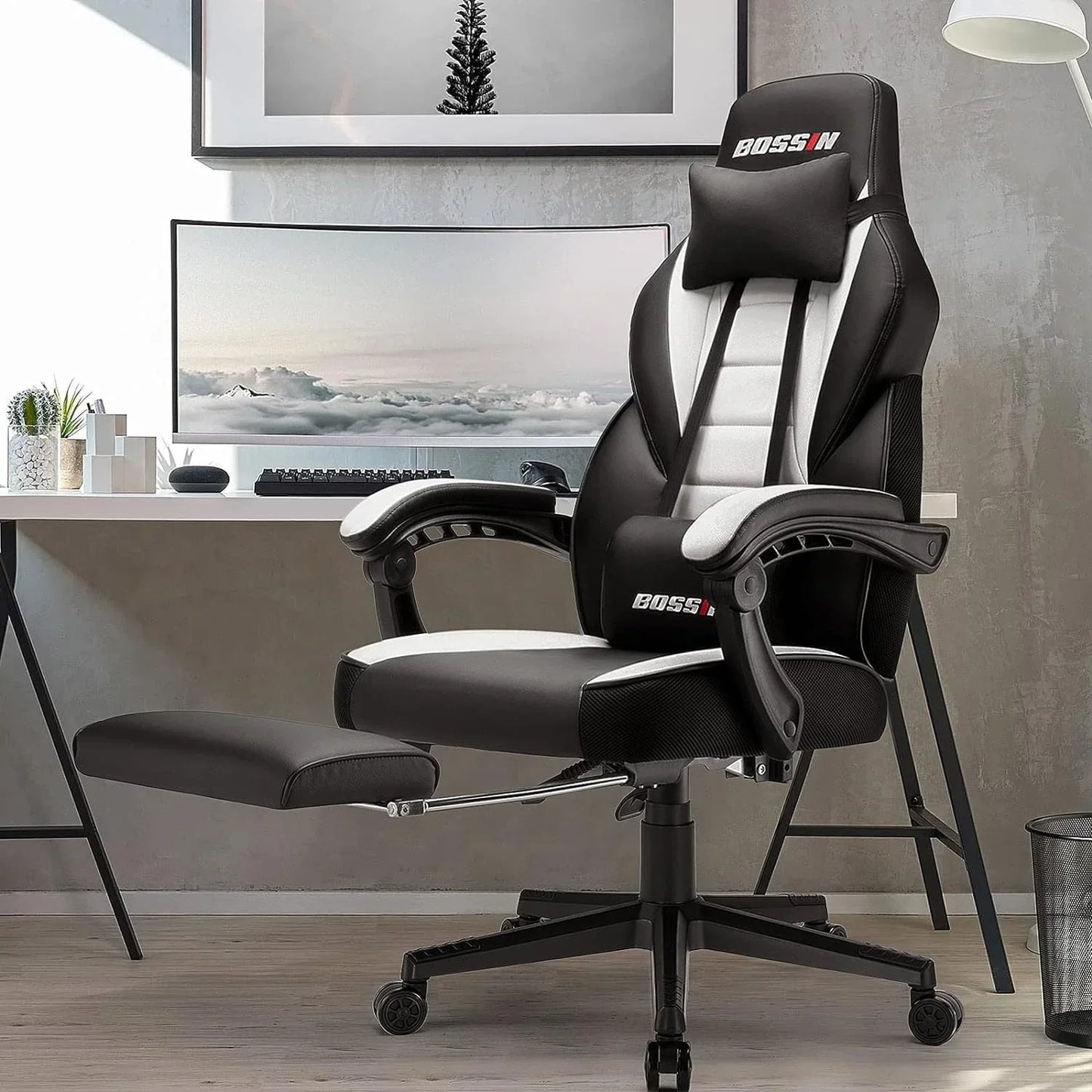 Chaise de jeu style course BOSSIN, fauteuil gamer grande taille 300 lb, chaise d'ordinateur à dossier haut