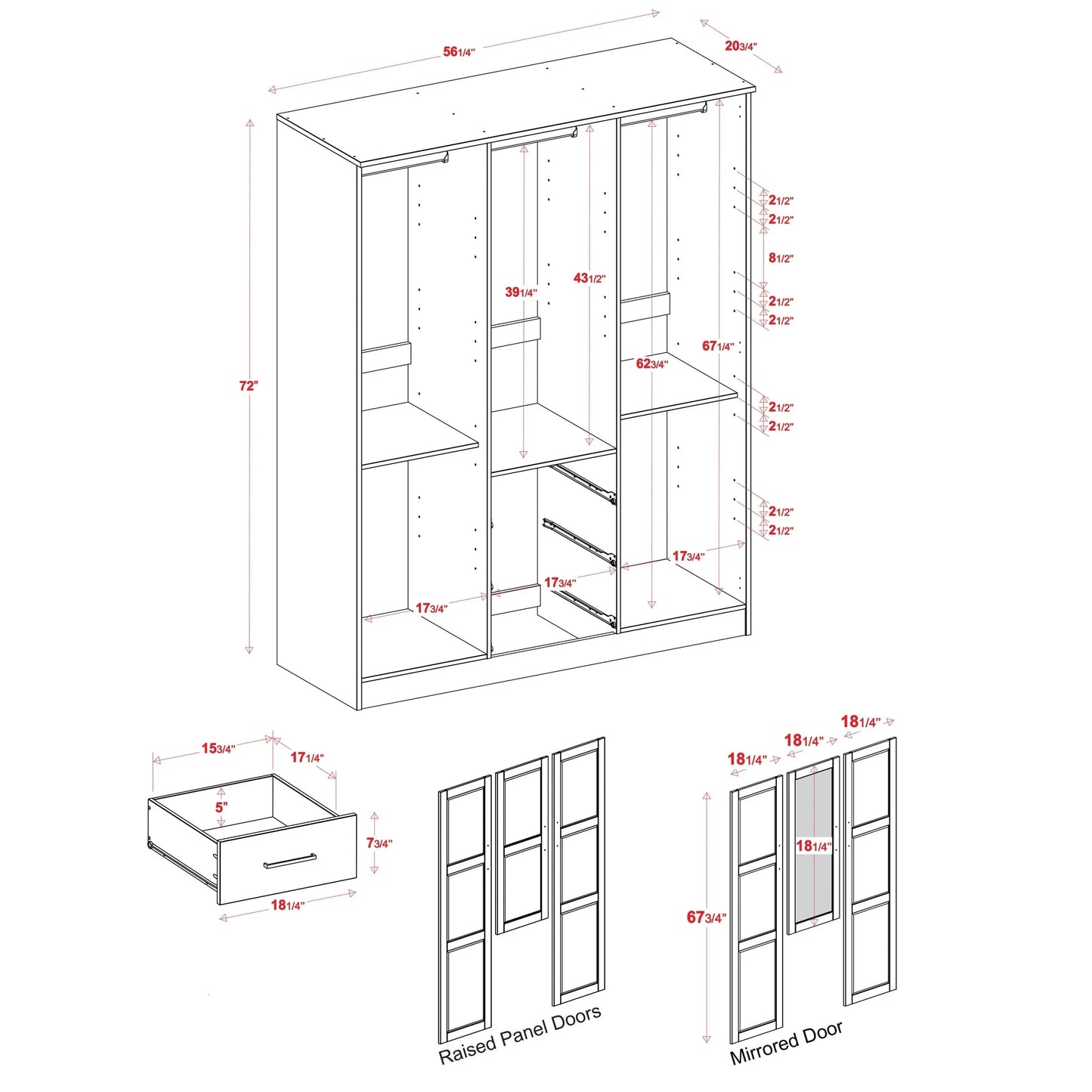Palace Imports Armoire Cosmo 3 portes 100 % bois massif avec portes en bois massif ou portes miroir