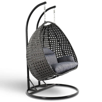 LeisureMod Fauteuil suspendu œuf 2 places avec support - Balançoire / hamac de patio en rotin osier pour extérieur/intérieur avec coussins