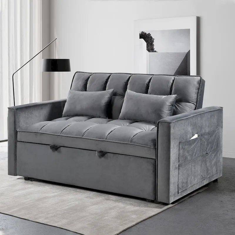 Causeuse futon moderne en velours avec dossier inclinable et poches, 2 places ??Gris foncé / Gris clair / Bleu / Noir