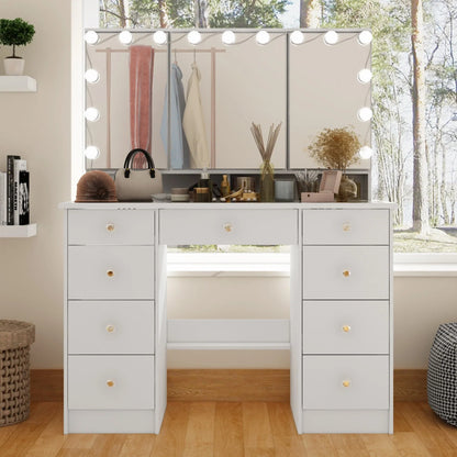 Coiffeuse avec miroir triptyque éclairage certifié et plateau en verre