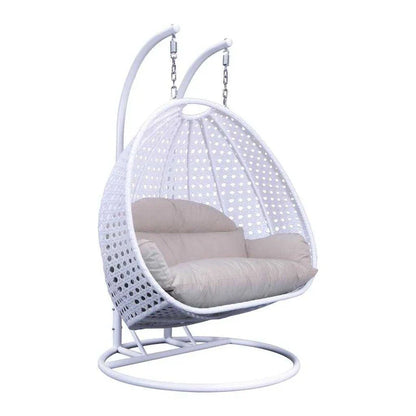 Fauteuil suspendu en forme d'œuf avec support métallique, cadre en osier et coussin – Beige / Bleu anthracite / Blanc / Bleu / Blanc antique / Marron / Toile, 2 places