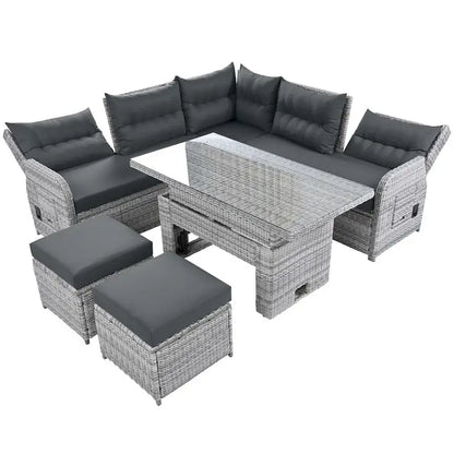 Ensemble de meubles de jardin en rotin avec table réglable, chaises longues et 2 poufs