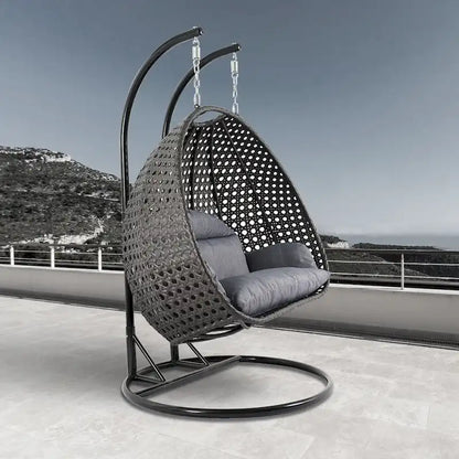Fauteuil suspendu en forme d'œuf avec support métallique, cadre en osier et coussin – Beige / Bleu anthracite / Blanc / Bleu / Blanc antique / Marron / Toile, 2 places