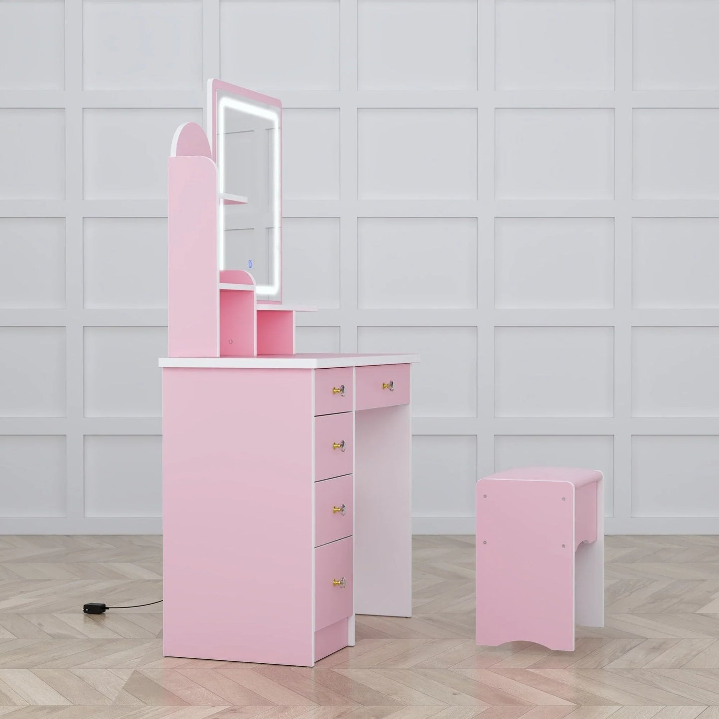 Coiffeuse avec miroir LED intégré et tabouret