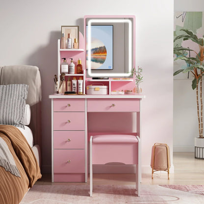 Coiffeuse avec miroir LED intégré et tabouret