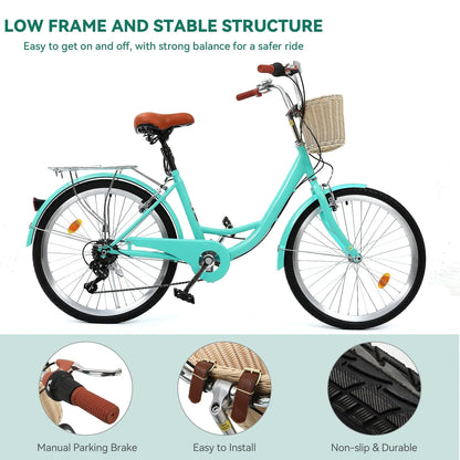 Moasis24/26 Vélo Cruiser 7 Vitesses, Vélo à Cadre Bas Ajustable, Vélo de Ville, Bicyclette